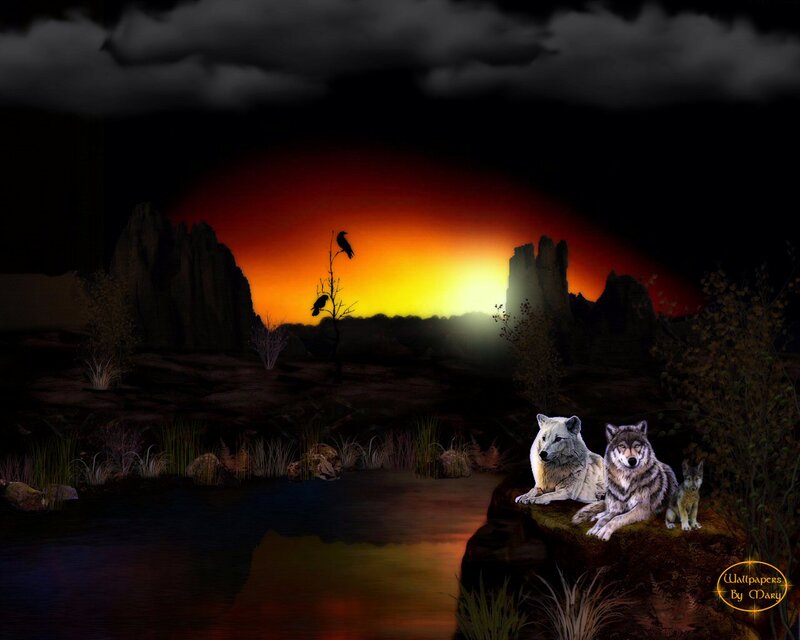 Wolves by a River — Black