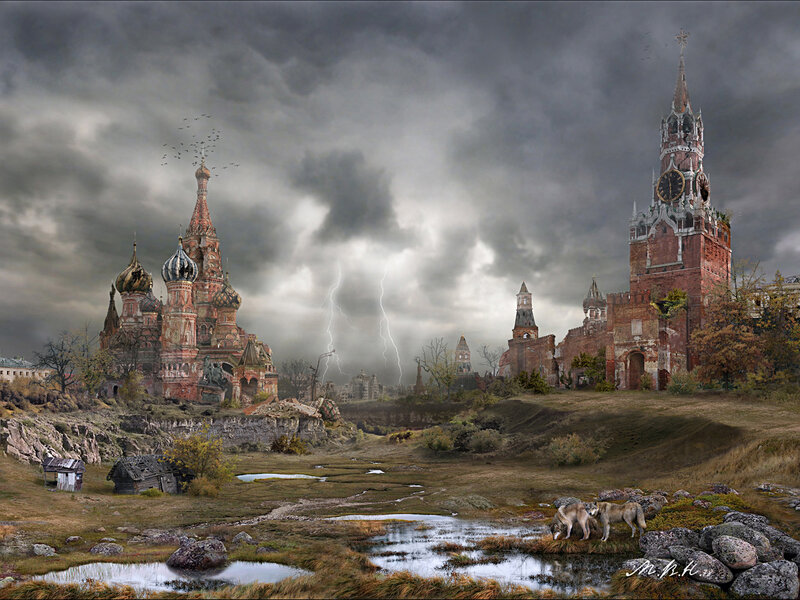 Wolves Drinking Water — Gray, Dramatic