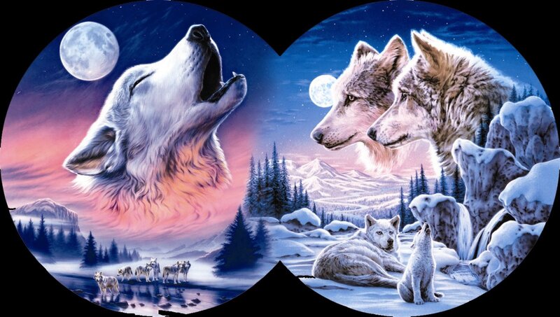 Wolves Howling at Moon — Blue, Dramatic, Night, Digital Art, Snow