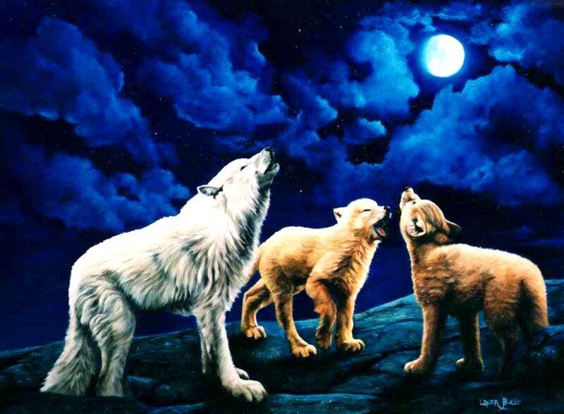 Wolves Howling at Moon — Blue, Dramatic, Night, Digital Art