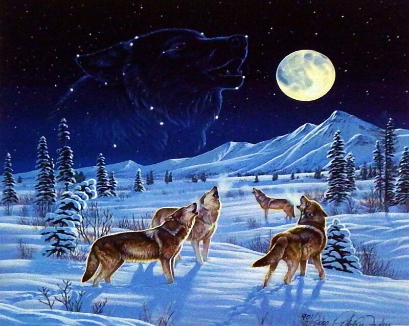 Wolves Howling at Moon — Blue, Dramatic, Night, Painting