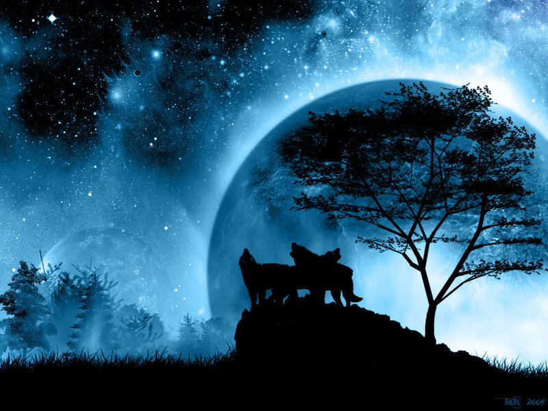 Wolves Howling at Moon — Blue