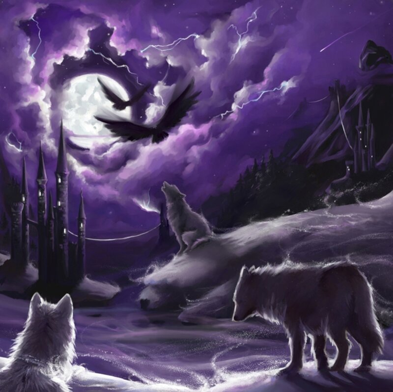 Wolves Howling at Moon — Purple, Dramatic, Night, Digital Art