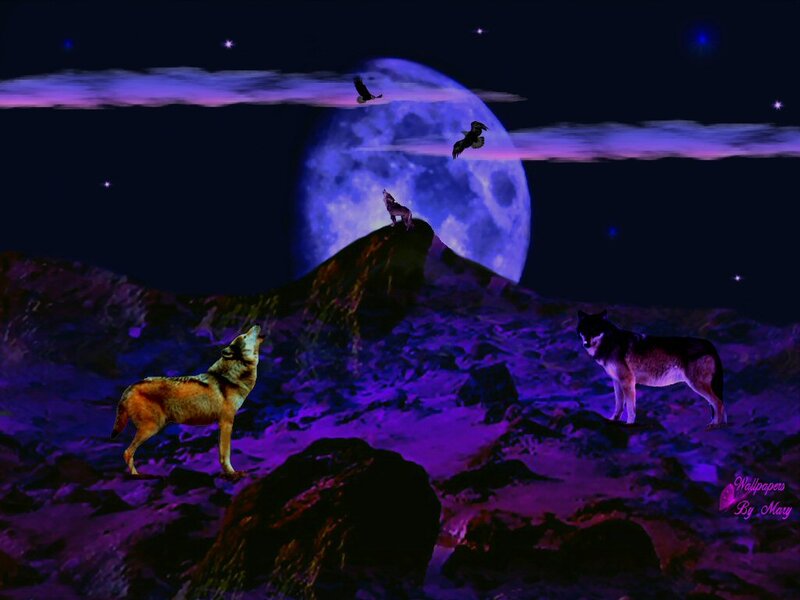 Wolves Howling at Moon — Purple, Dramatic, Night