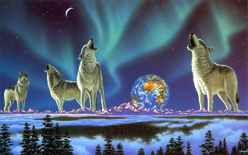 Wolves Howling at Night — Blue