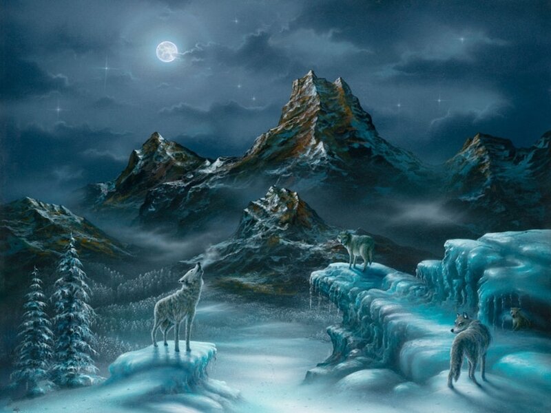 Wolves howling in a snowy mountain