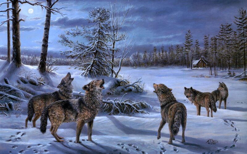 Wolves Howling in Snow — Blue, Dramatic, Night, Painting, Moon