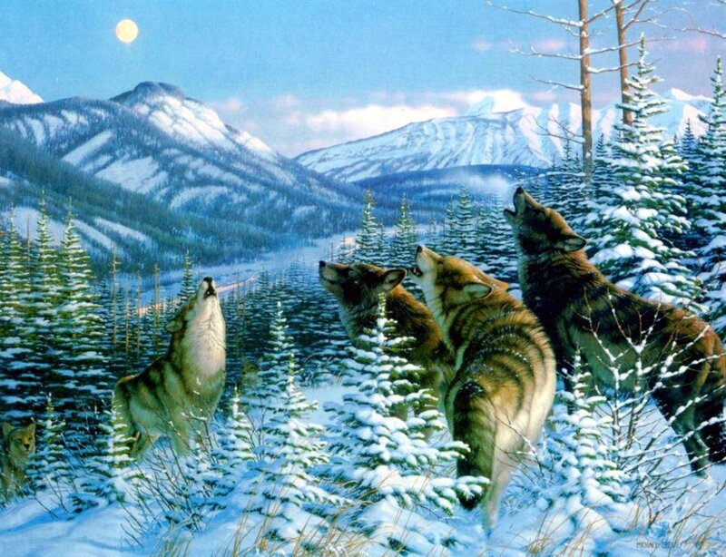 Wolves Howling in Snow — Blue, Serene, Night, Digital Art