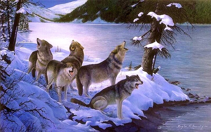 Wolves Howling in Snow — White, Dramatic, Winter, Painting
