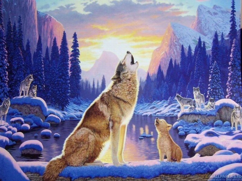 Wolves Howling in Winter — Blue
