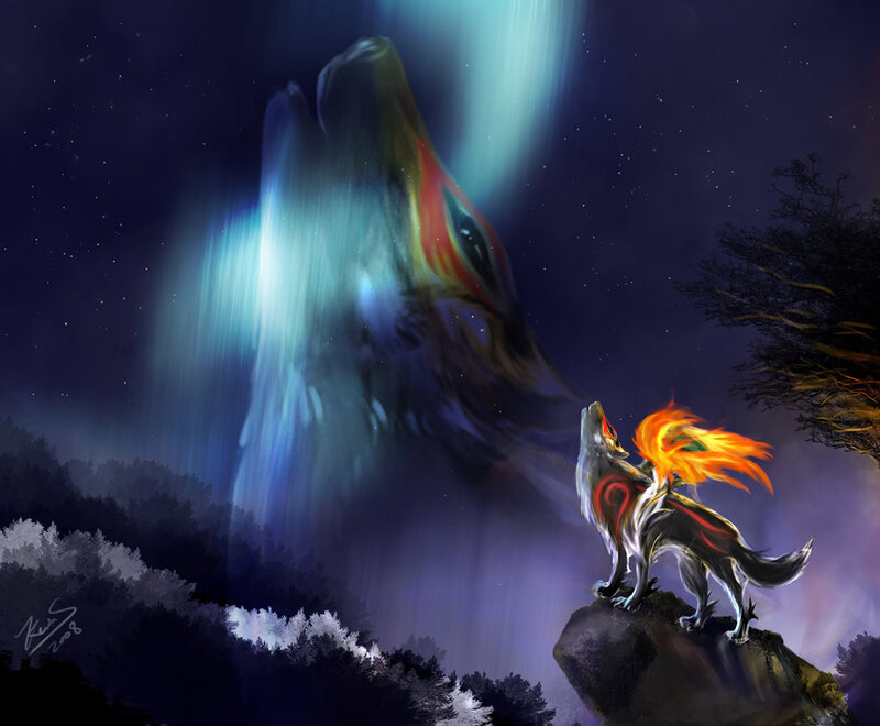 Wolves howling under aurora