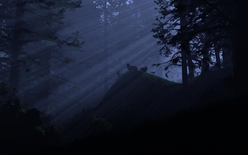 Wolves in a misty forest