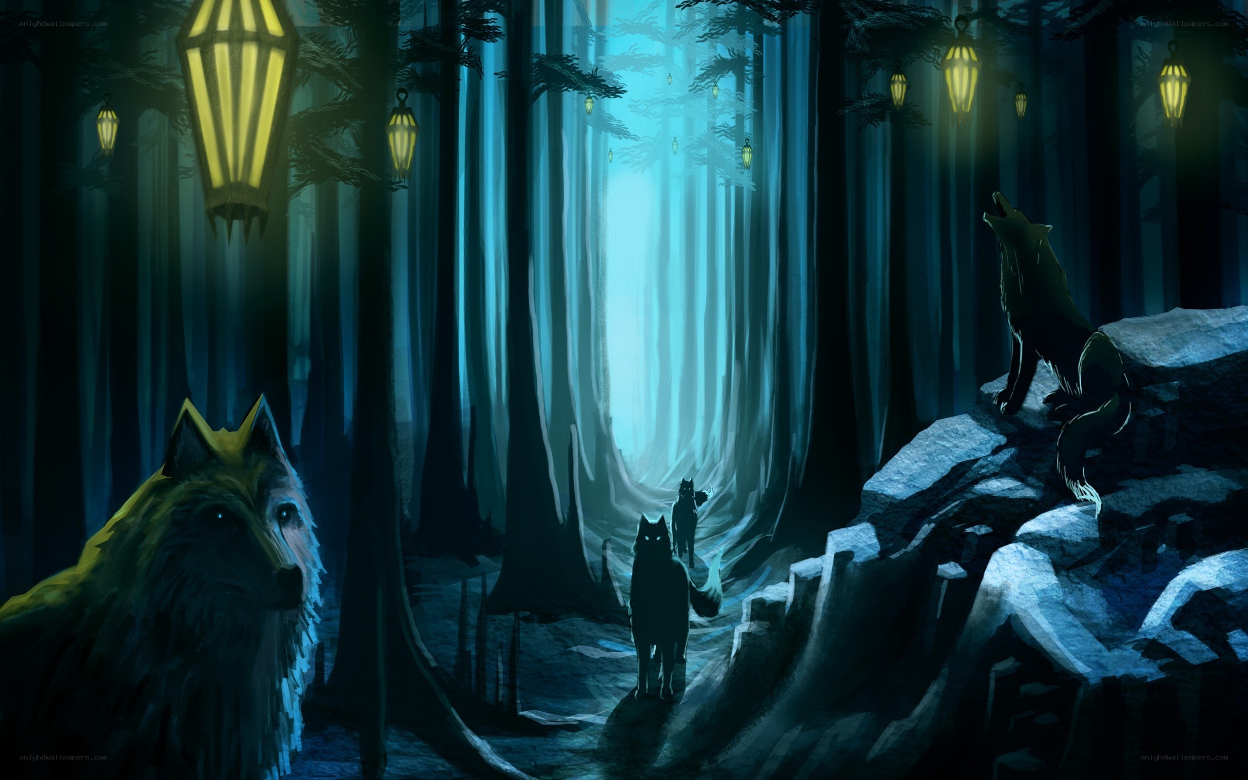 Wolves in a mystical forest