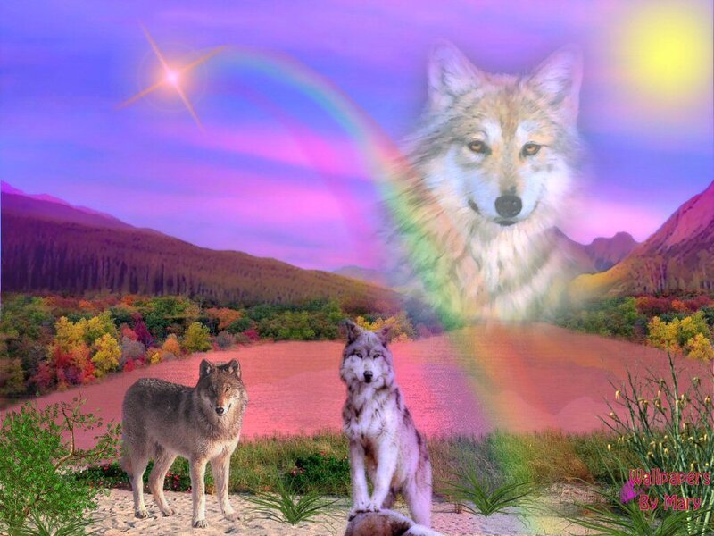 Wolves in a rainbow landscape