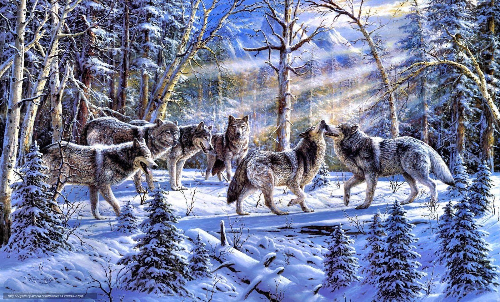 Wolves in a snowy forest