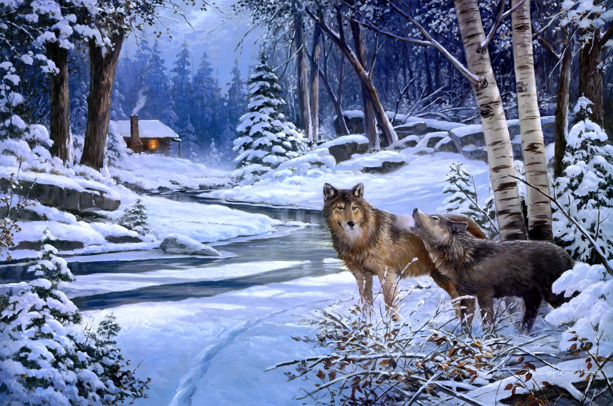 Wolves in a snowy forest