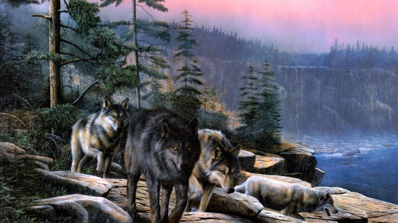 Wolves in Forest — Gray, Dramatic, Sunset, Painting