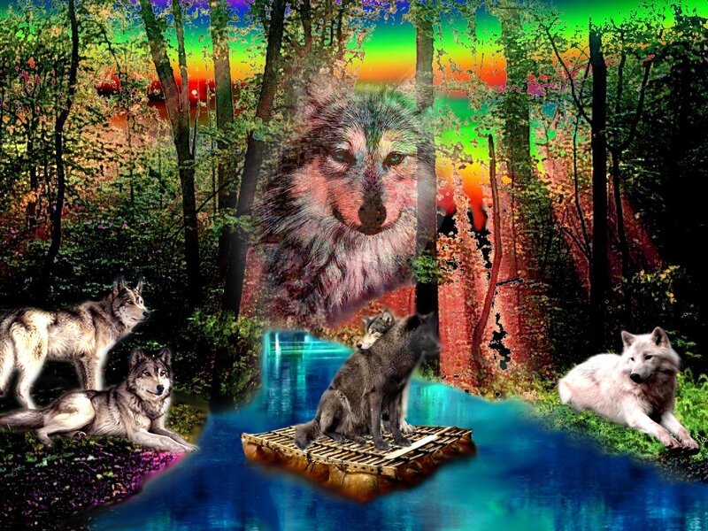 Wolves in Forest — Green, Dreamy