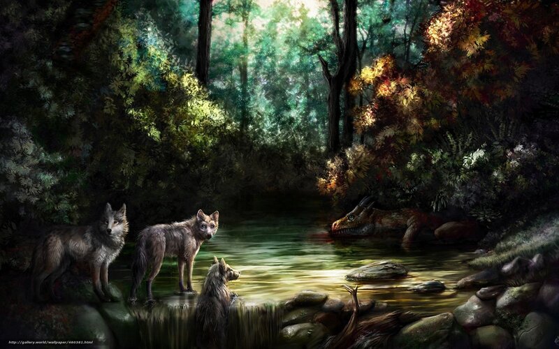 Wolves in Forest — Green, Serene, Afternoon, Digital Art