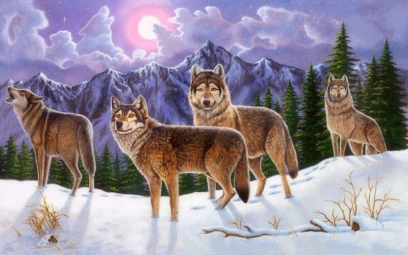 Wolves in Snow — Purple, Dramatic