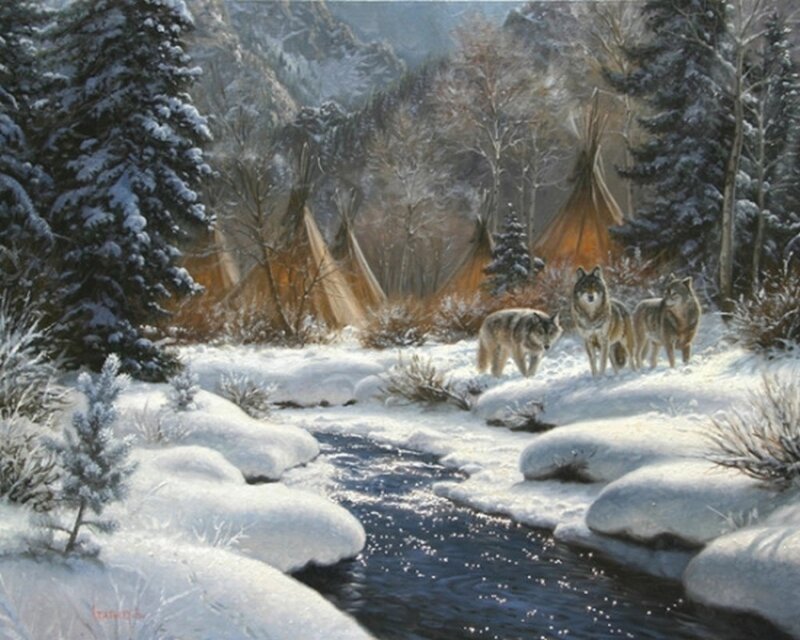 Wolves in Snow — White, Serene, Winter, Painting
