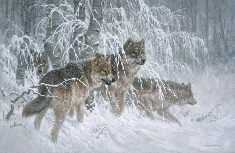 Wolves in Snowy Forest — White, Cold, Winter, Painting