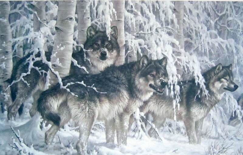 Wolves in Snowy Forest — White, Cold, Winter, Painting, Trees