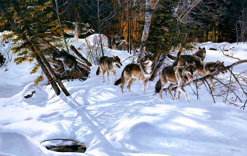 Wolves in Snowy Forest — White, Dramatic, Winter, Painting, Snow