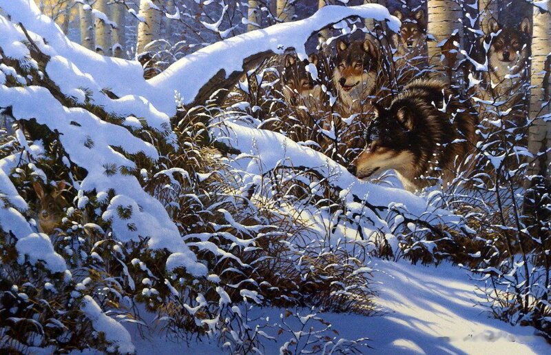 Wolves in Snowy Forest — White, Dramatic, Winter, Painting