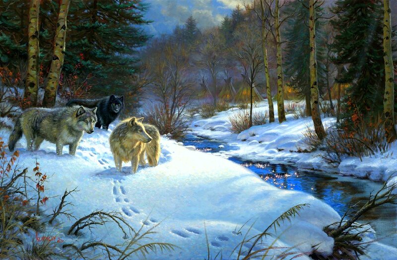 Wolves in Snowy Forest — White, Serene, Winter, Painting, River