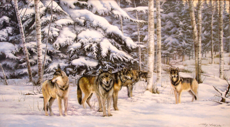 Wolves in Snowy Forest — White, Serene, Winter, Painting, Snow, Trees, Brown