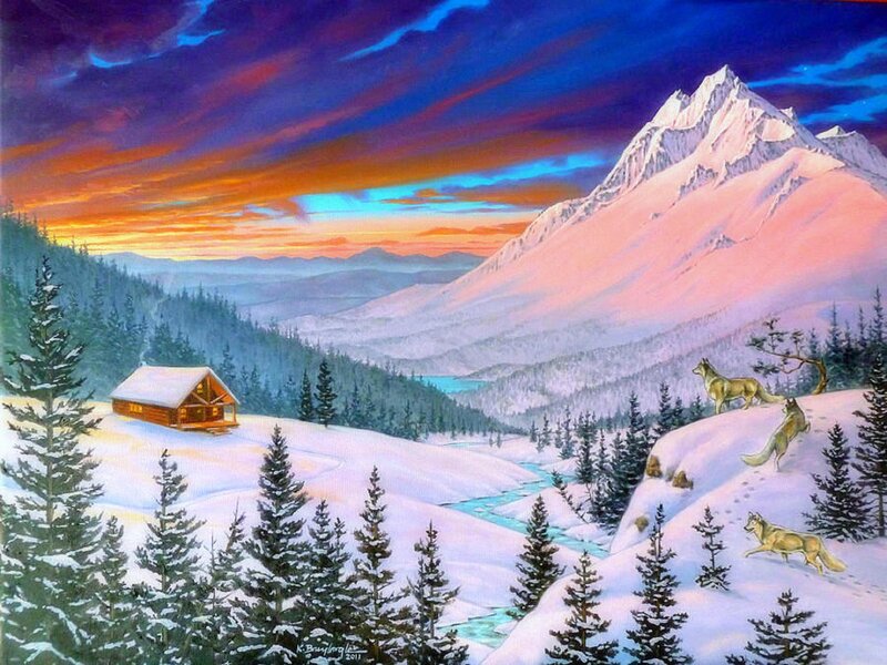 Wolves in Snowy Landscape — Blue, Dramatic, Sunset