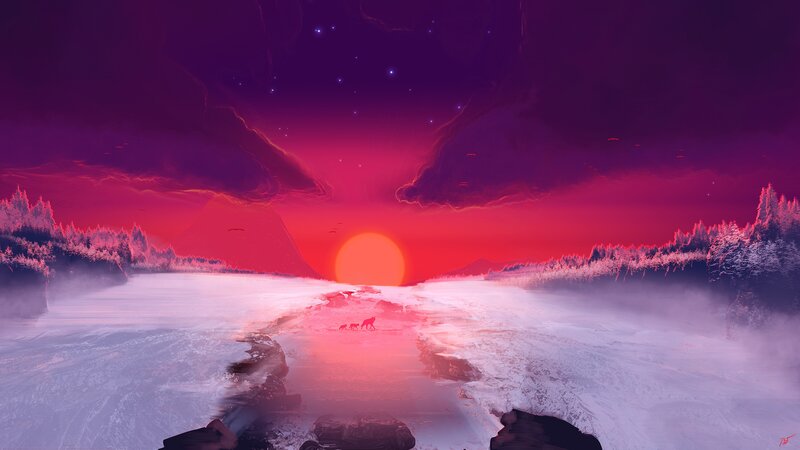 Wolves in Snowy Landscape — Red