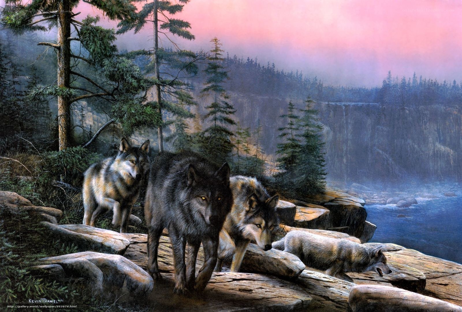Wolves in the forest at dusk