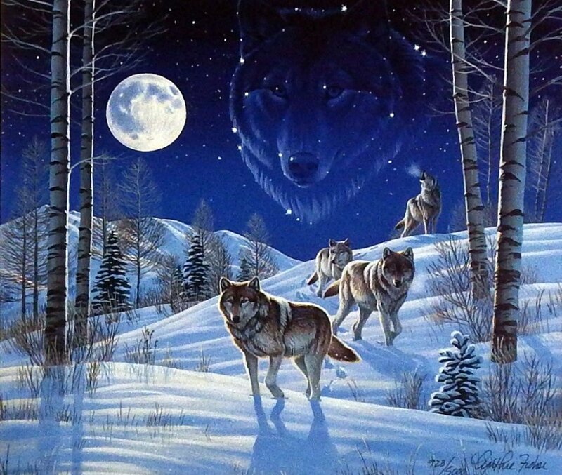 Wolves in Winter Forest — Blue, Dramatic, Night, Digital Art, Moon