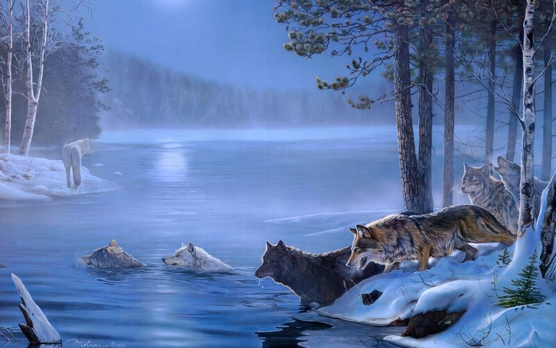 Wolves in Winter Forest — Blue, Serene, Digital Art, River