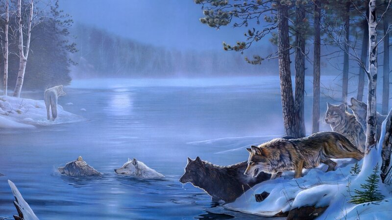 Wolves in Winter Forest — Blue, Serene, Digital Art, River, Trees