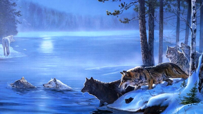 Wolves in Winter Forest — Blue, Serene, Digital Art