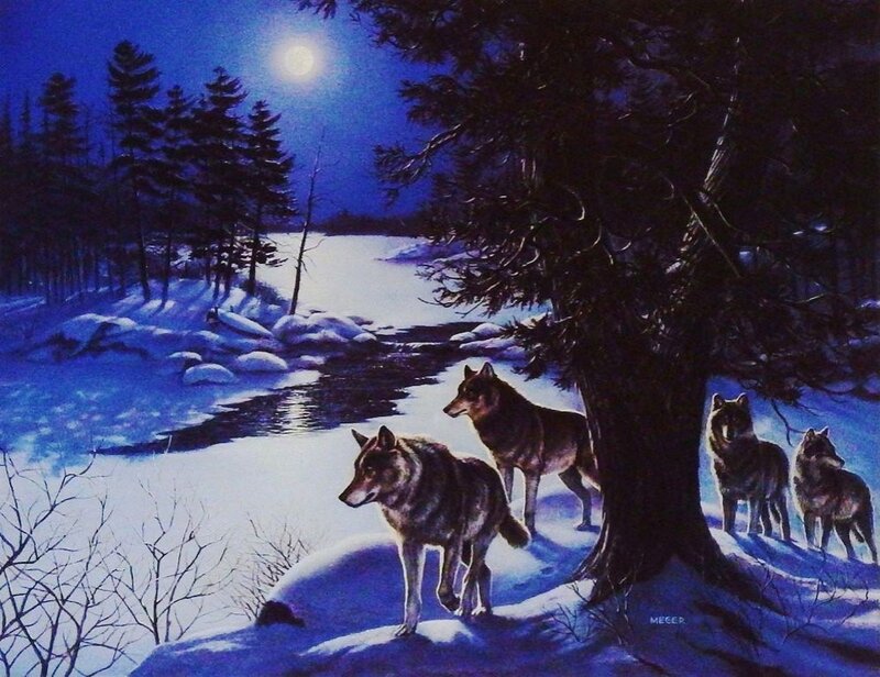 Wolves in Winter Forest — Blue, Serene, Night, Painting