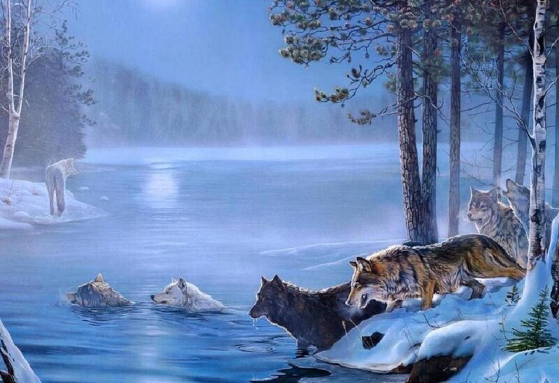 Wolves in Winter Forest — Blue, Serene, Painting