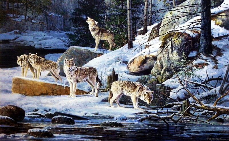 Wolves in Winter Forest — White, Dramatic, Painting, River