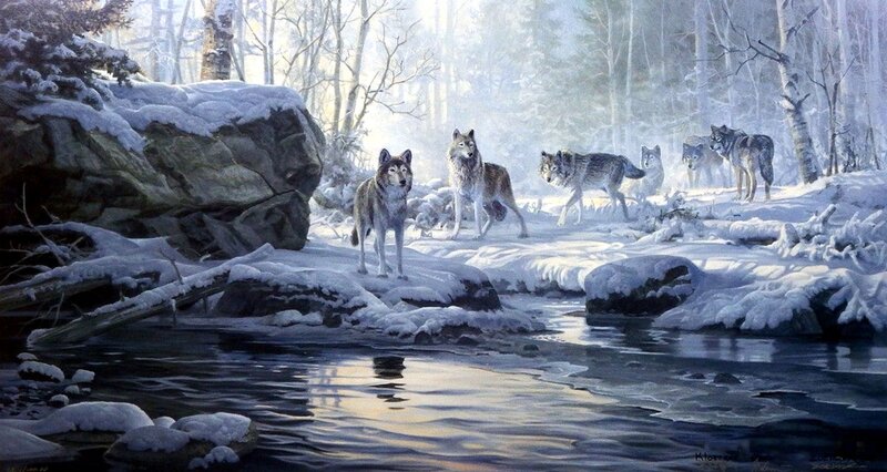Wolves in Winter Forest — White, Serene, Painting, River