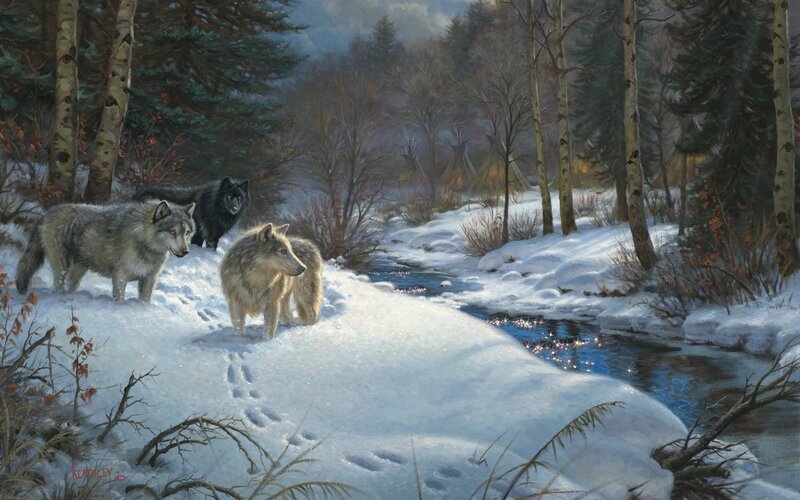 Wolves in Winter Forest — White, Serene, Painting, Stream