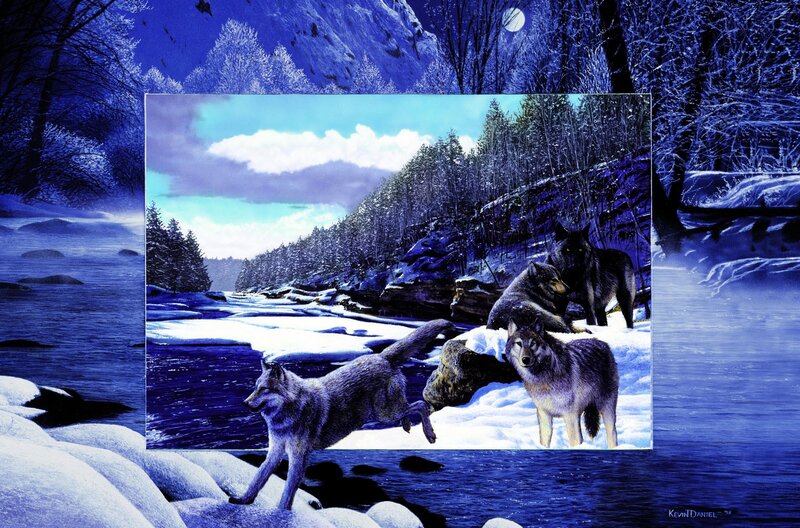 Wolves in Winter Landscape — Blue, Dramatic, Digital Art, River
