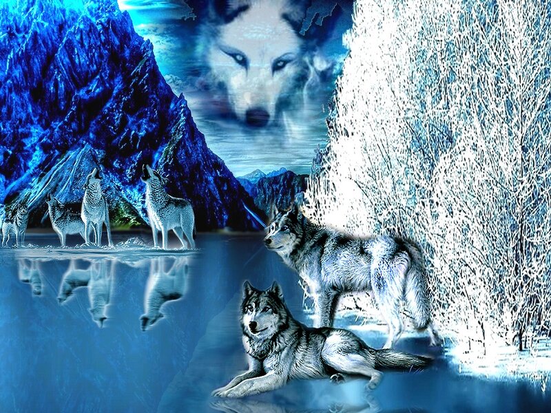 Wolves in Winter Landscape — Blue, Dramatic, Digital Art