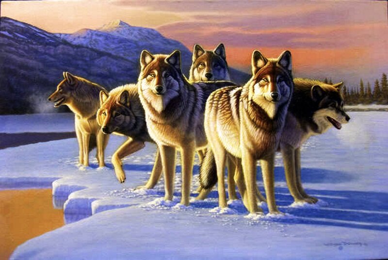 Wolves in Winter Landscape — Blue, Dramatic, Painting