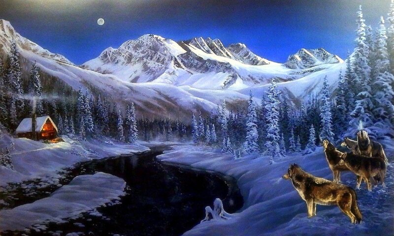 Wolves in Winter Landscape — Blue, Serene, Night, Painting