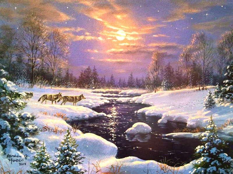 Wolves in Winter Landscape — Purple, Serene, Night