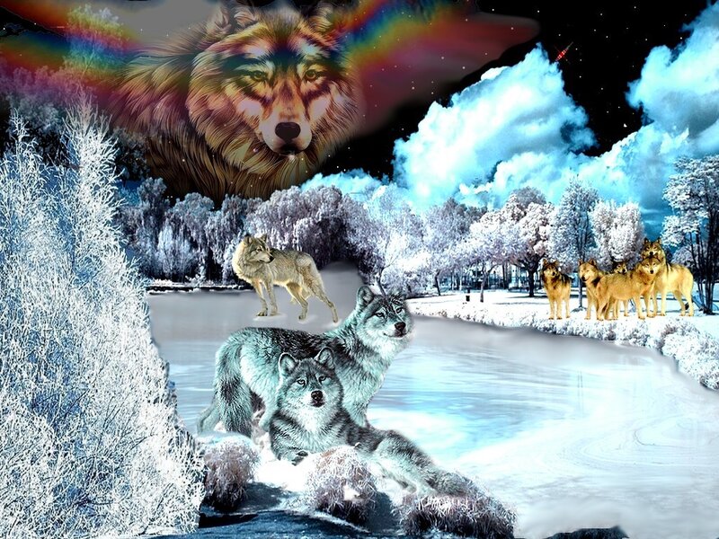 Wolves in Winter Landscape — White, Dramatic, Digital Art