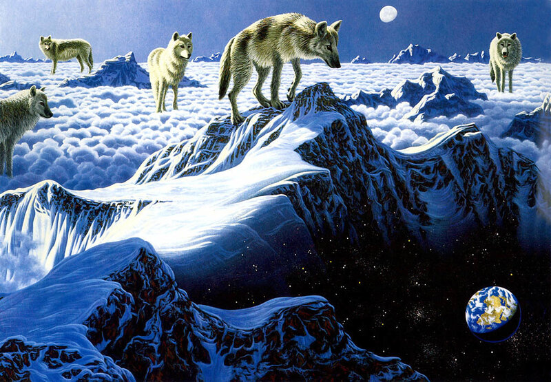 Wolves on a snowy mountain